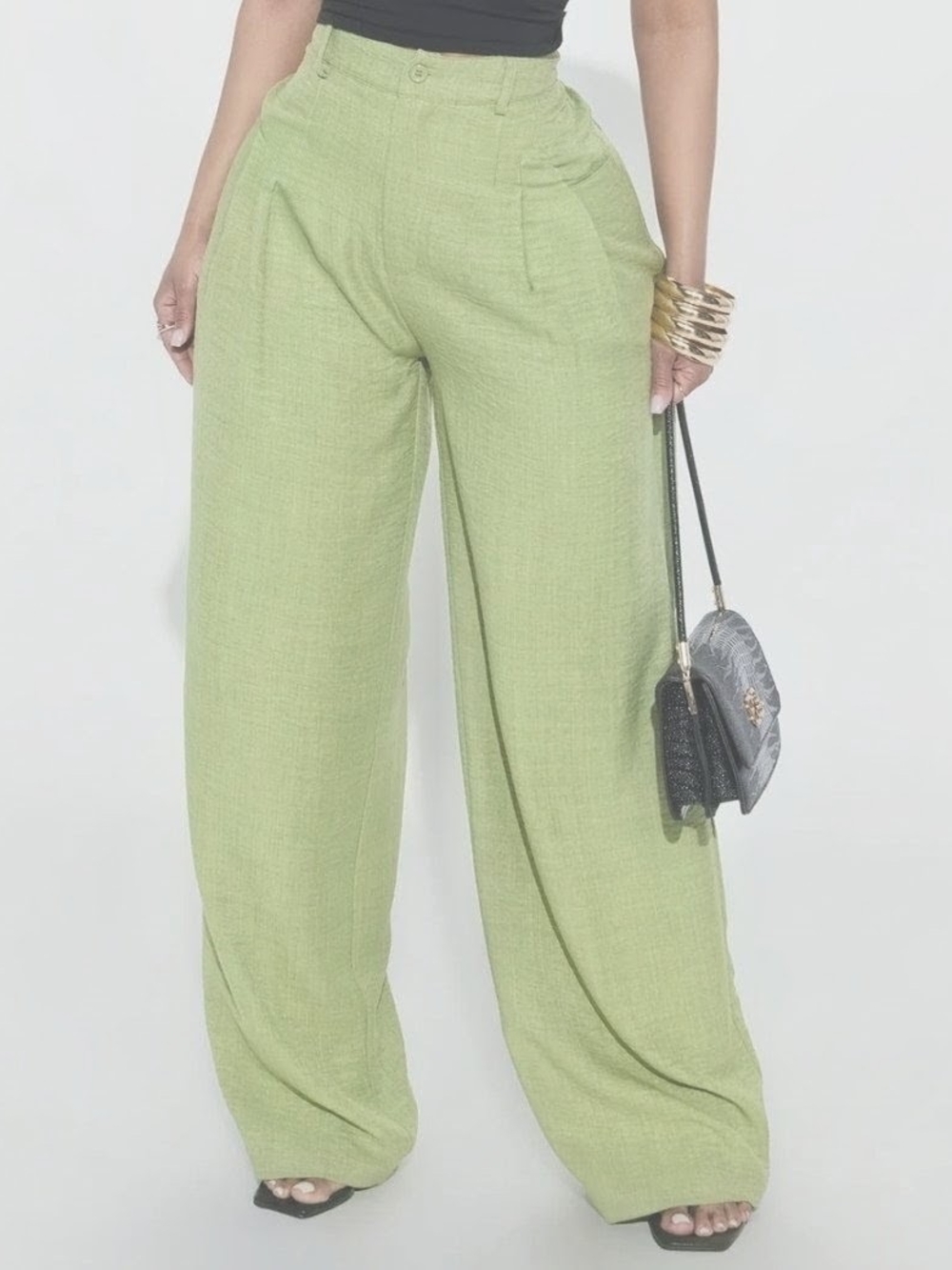 Wide Leg High-Rise Trousers in Sage Green